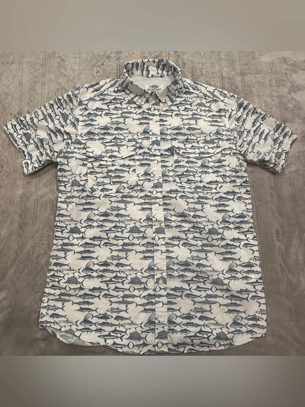 AFTCO White Button-Down Shirt with All Over Fish Print Vented